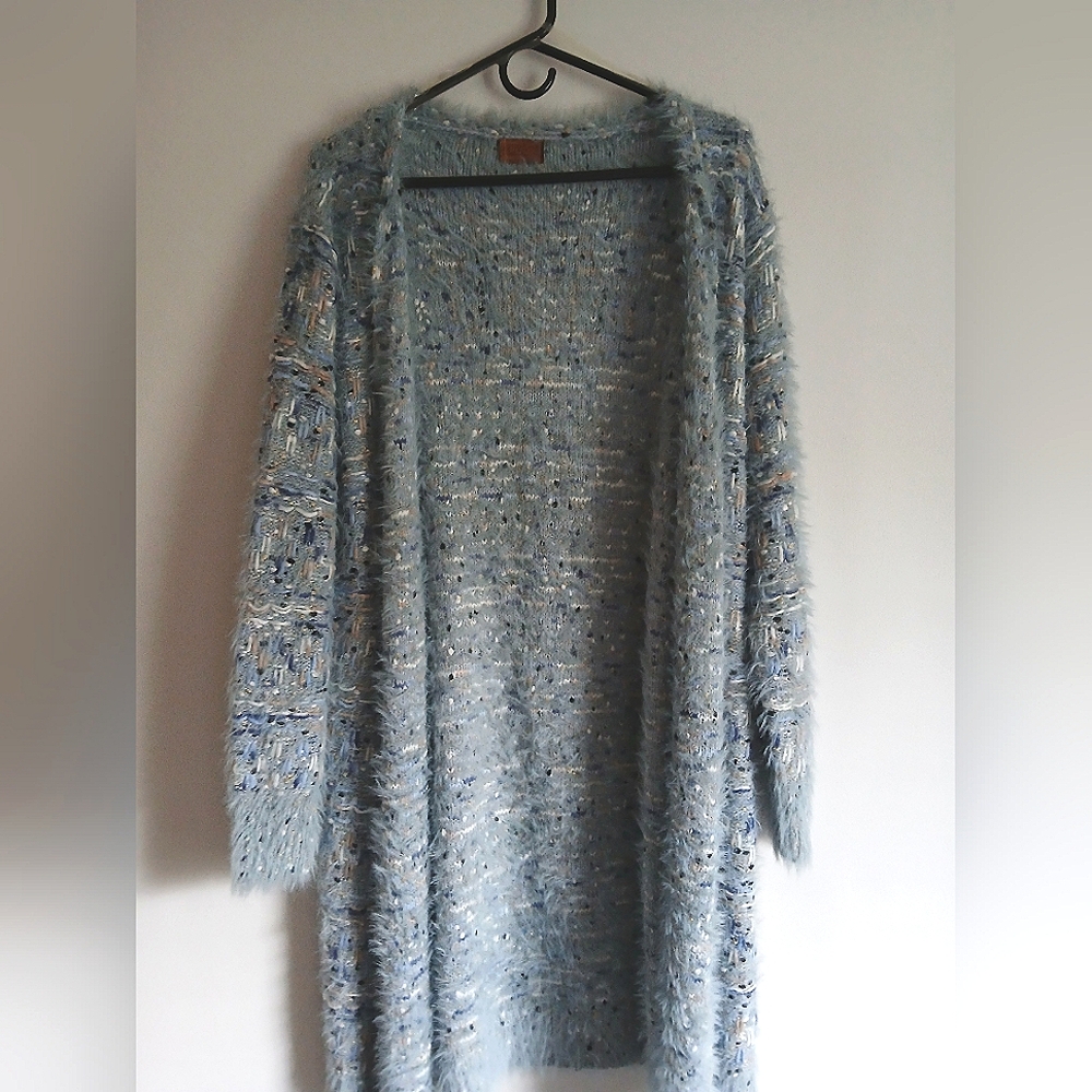 Women's Poll light blue & metallic thread & other colors long cardigan open